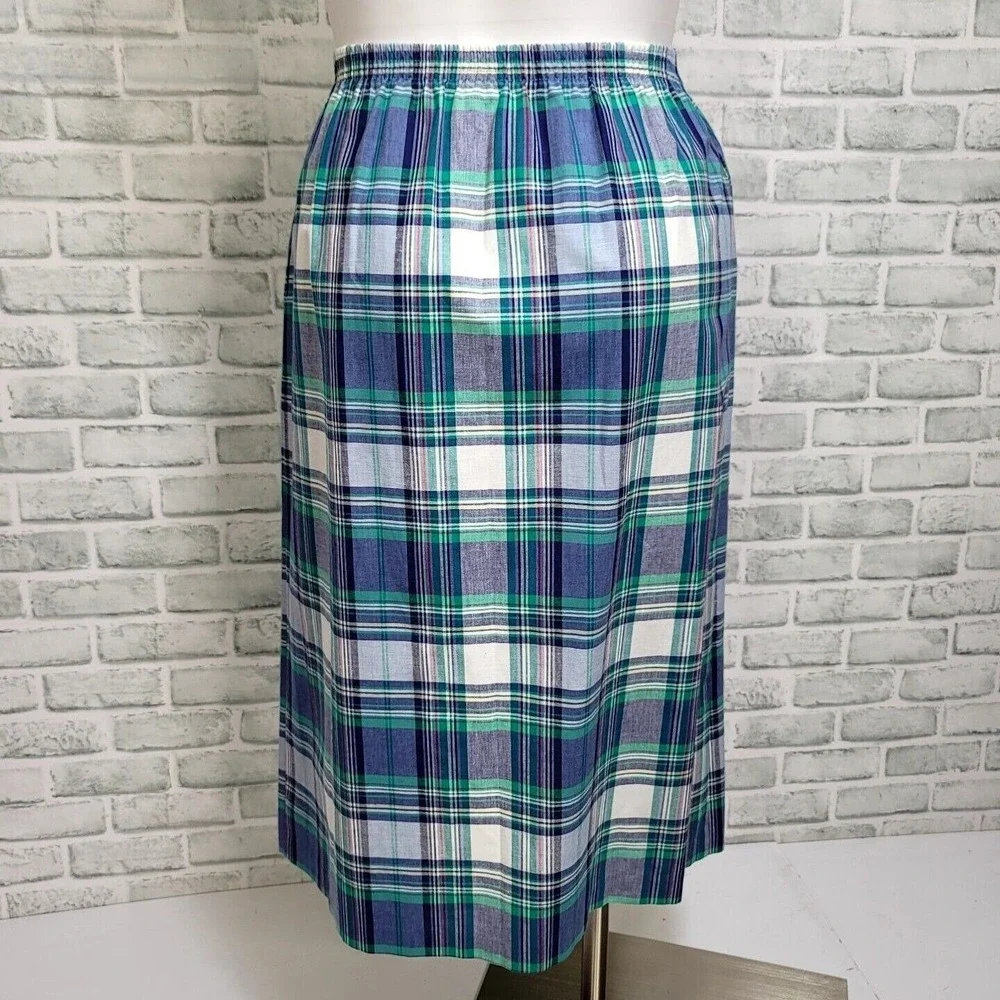 Alfred Dunner Plaid Button Front Midi Skirt Blue Green Cotton Blend Size‎ 12 VTG - Picture 6 of 8